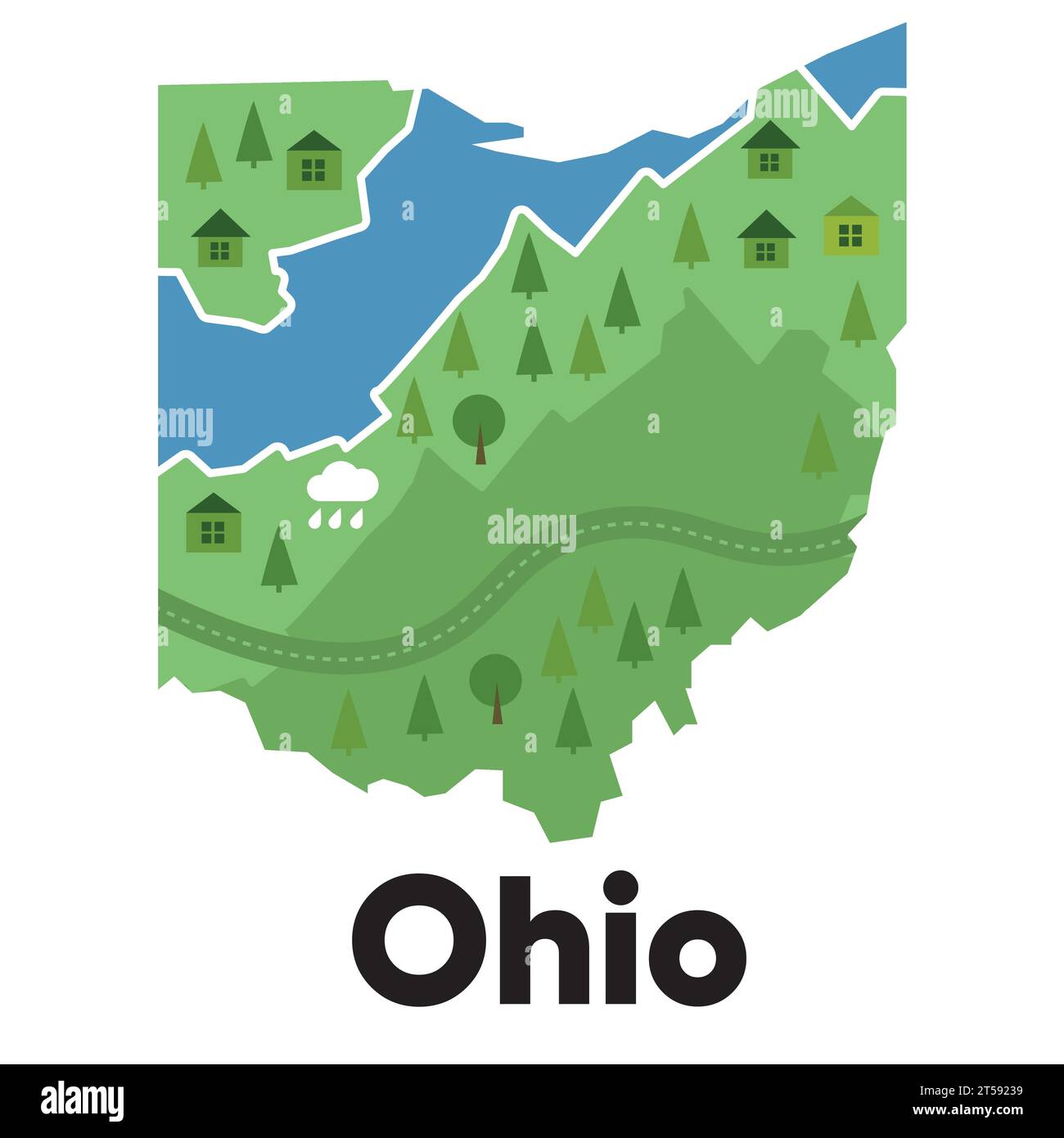 Ohio carte forme États-Unis Amérique vert forêt dessinée à la main style dessin animé avec des arbres Voyage terrain Illustration de Vecteur