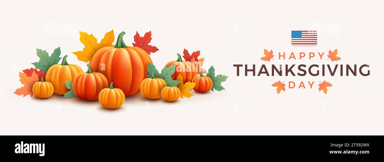 Bannière du jour de Thanksgiving. Fond de Thanksgiving avec des citrouilles oranges réalistes 3d, feuillage d'automne, drapeau des États-Unis, lettrage de jour de Thanksgiving. Vector illustr Illustration de Vecteur