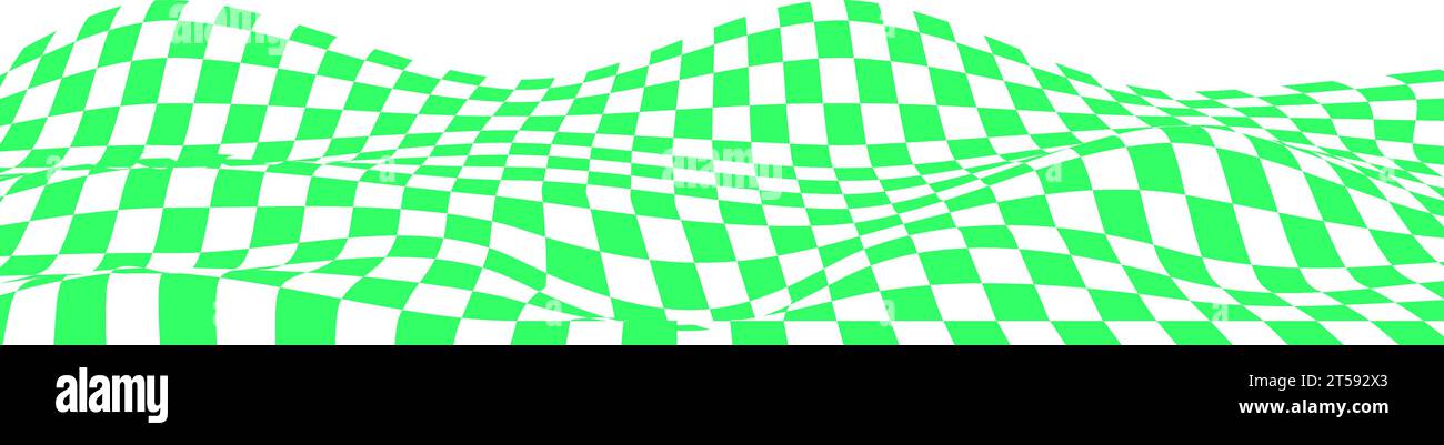 Texture déformée avec des carrés verts et blancs. Échiquier ondulé, drapeau de course, plaid textile, surface de sol carrelée. Arrière-plan ondulé à carreaux Illustration de Vecteur