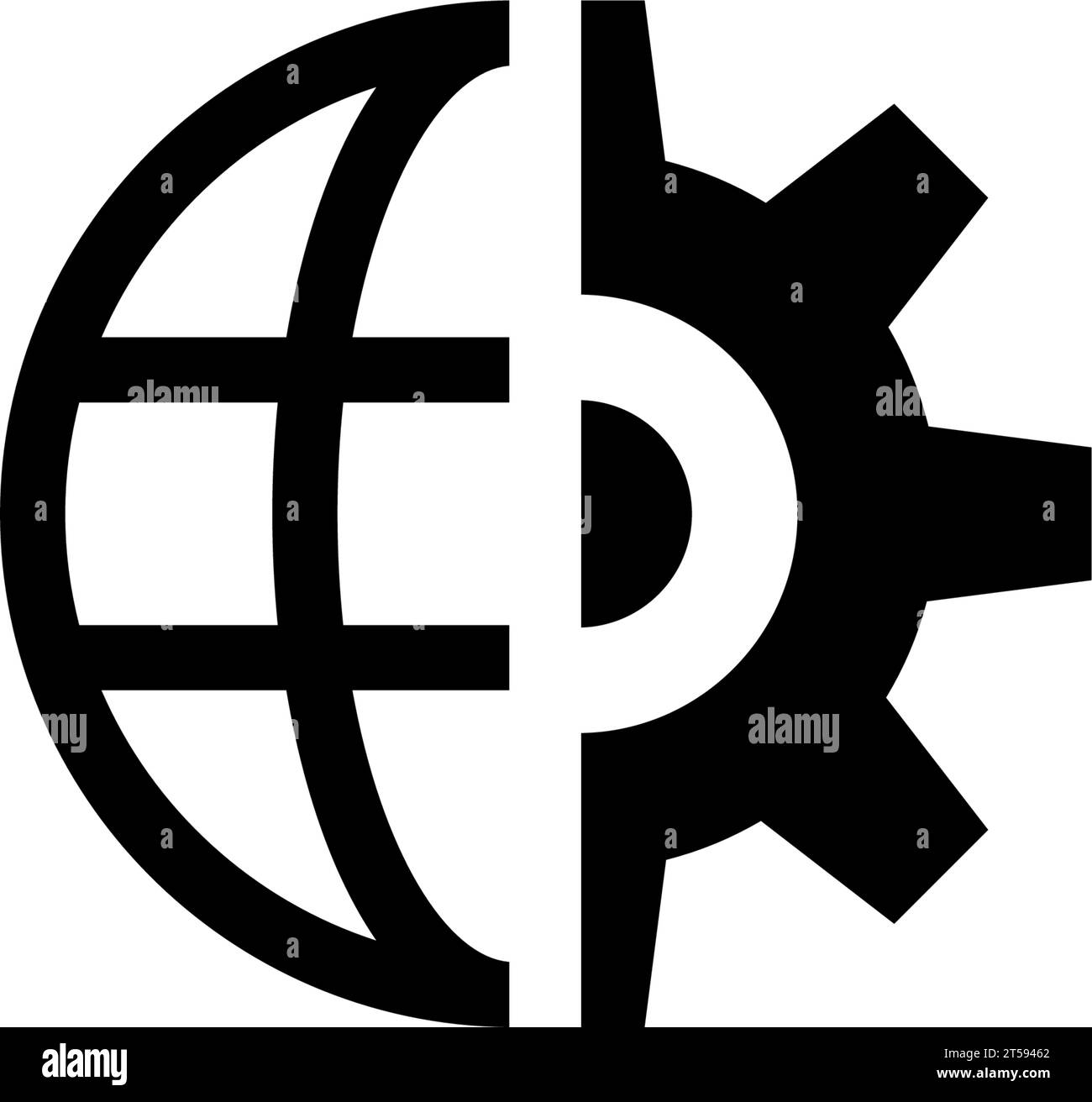 Roue dentée Globe, navigateur de paramètres, Méridiens. Illustration de l'icône Flat Vector. Symbole noir simple sur fond blanc. Globe à roue dentée, Réglage du navigateur si Illustration de Vecteur