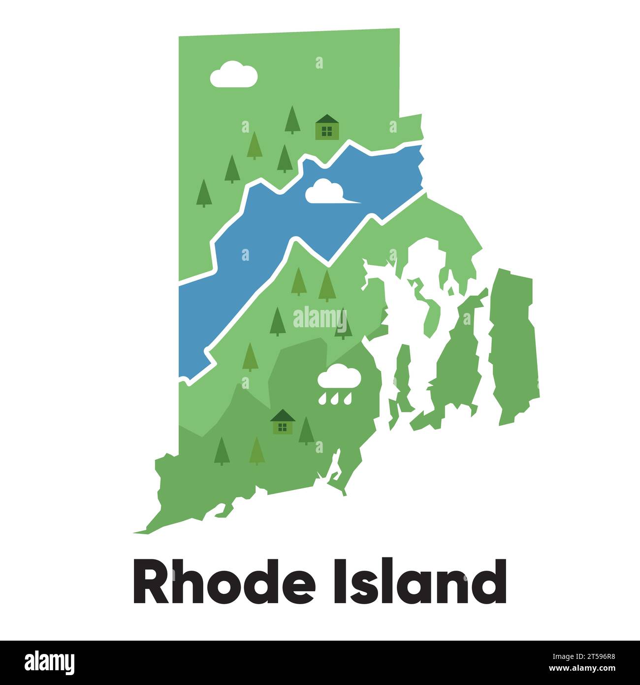 Rhode Island carte forme États-Unis Amérique vert forêt dessinée à la main style dessin animé avec des arbres Voyage terrain Illustration de Vecteur