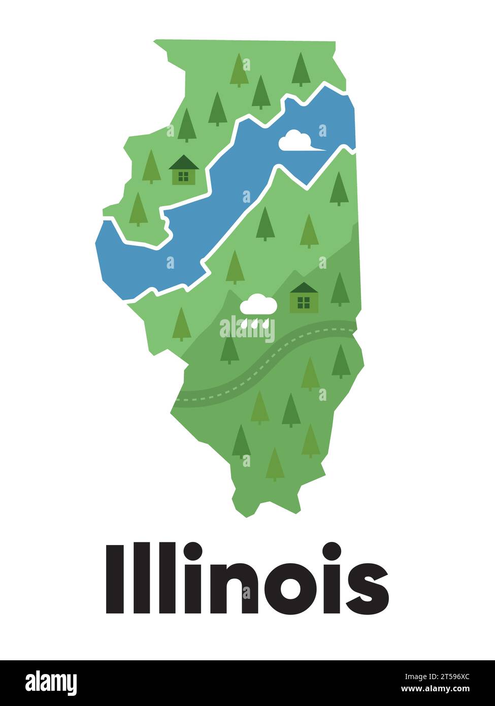 Illinois carte forme États-Unis Amérique vert forêt dessinée à la main style dessin animé avec des arbres Voyage terrain Illustration de Vecteur