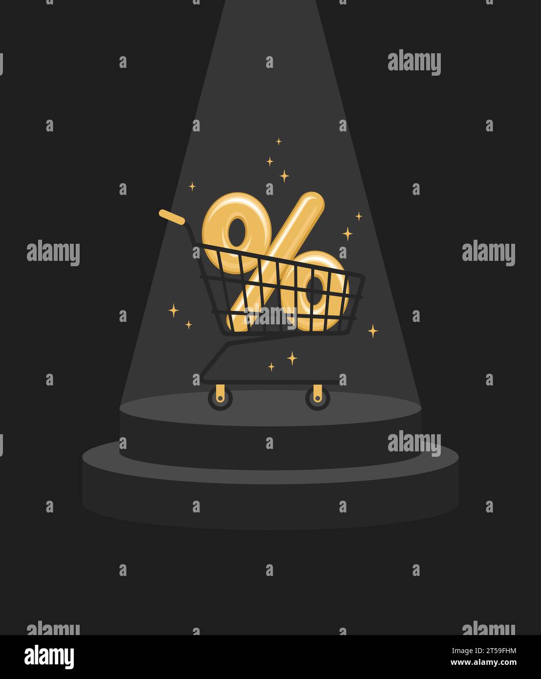 Affiche de pourcentage d'or dans le panier sur un piédestal sous les projecteurs. Bannière Black friday. Illustration vectorielle plate Illustration de Vecteur