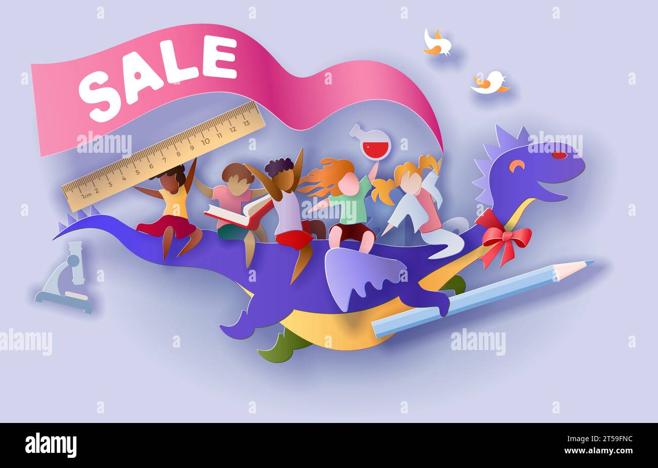 Retour à l'arrière-plan de vente de l'école. Enfants de dessins animés découpés en papier Illustration de Vecteur