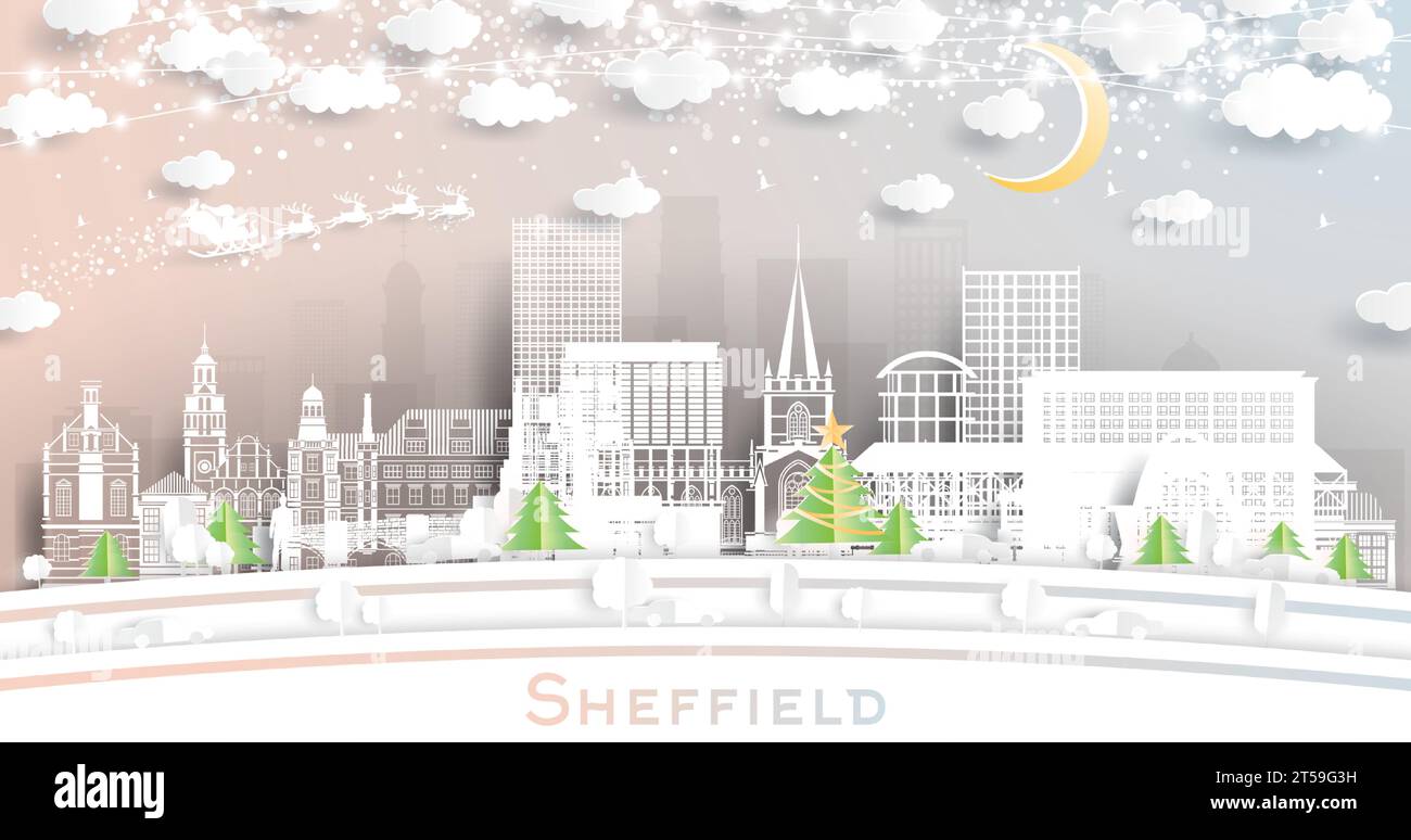 Sheffield Royaume-Uni. Skyline de ville d'hiver dans le style de papier découpé avec flocons de neige, lune et guirlande de néon. Noël, concept du nouvel an. Père Noël sur traîneau. Sheff Illustration de Vecteur