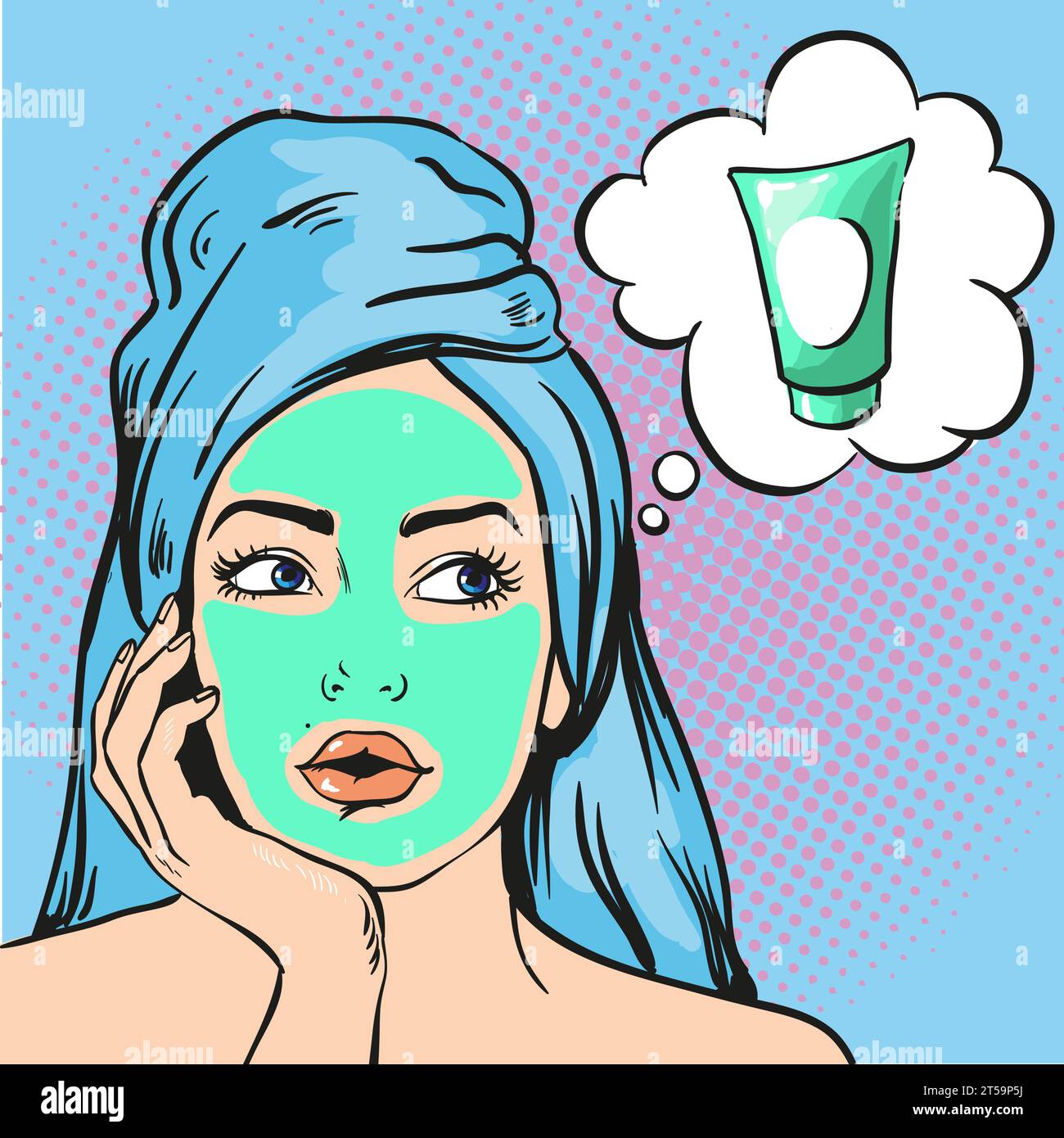 Femme avec masque cosmétique de beauté sur le visage. Illustration vectorielle dans le style comique pop art. Illustration de Vecteur
