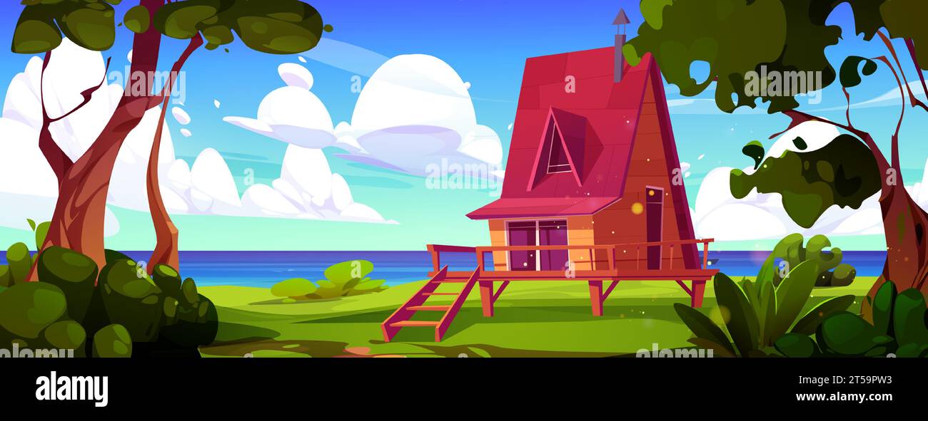 Chalet en bois près du lac sur le paysage de la nature avec des arbres verts. Cabane ou petite villa pour des vacances d'été sur le coût de la mer, illustration vectorielle de dessin animé. Maison Shack avec belle vue Illustration de Vecteur