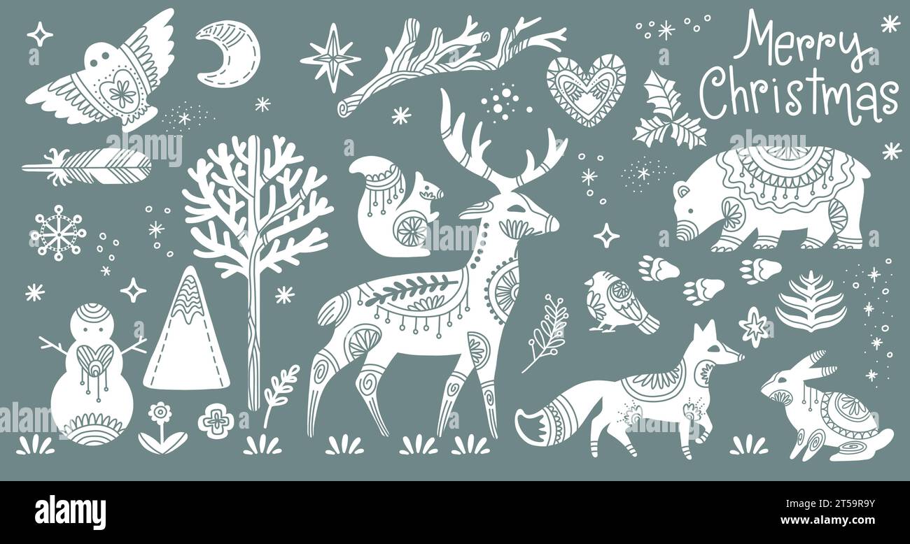 Ensemble de bois d'hiver orné silhouettes d'animaux abstraits cerfs, ours, renard et flocons de neige sur fond gris. Illustration scandinave de Noël. Pour Illustration de Vecteur