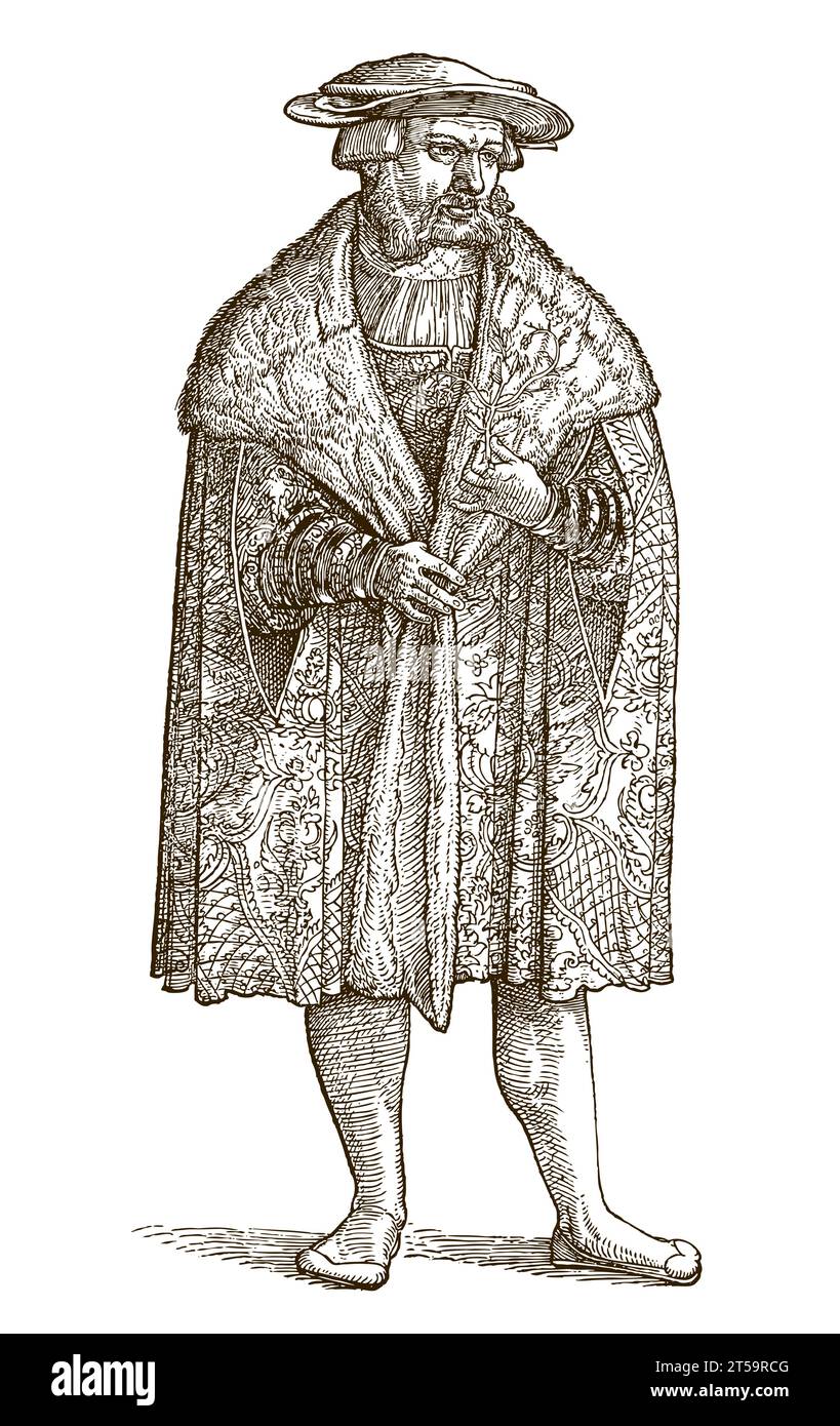 Riche homme allemand du 16e siècle en vêtements nobles. Illustration après gravure sur bois antique Illustration de Vecteur