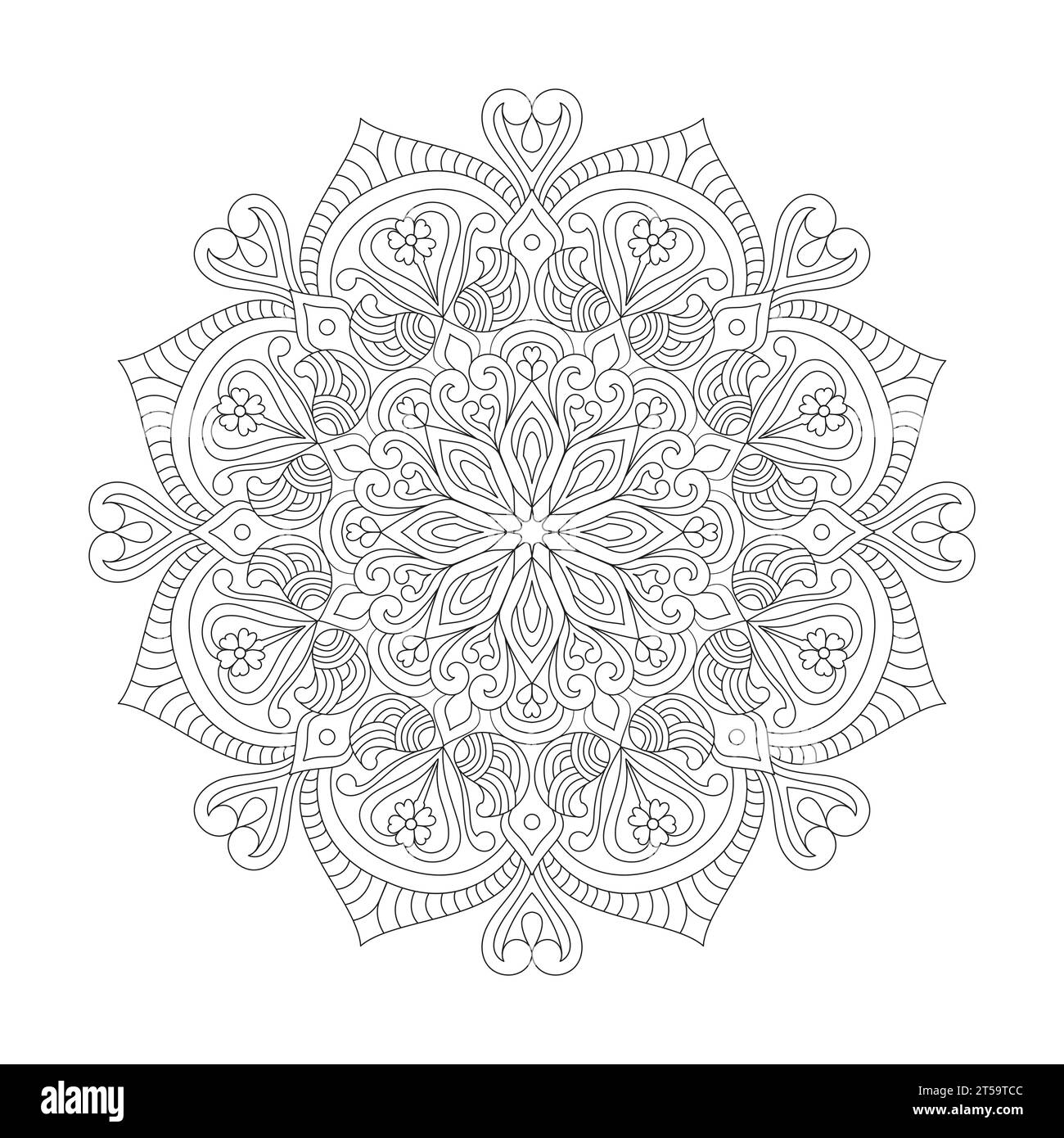 Page de livre de coloriage de mandala radiant Tranquillity adulte pour l'intérieur du livre KDP. Pétales pacifiques, capacité de se détendre, expériences cérébrales, Haven harmonieux, Illustration de Vecteur