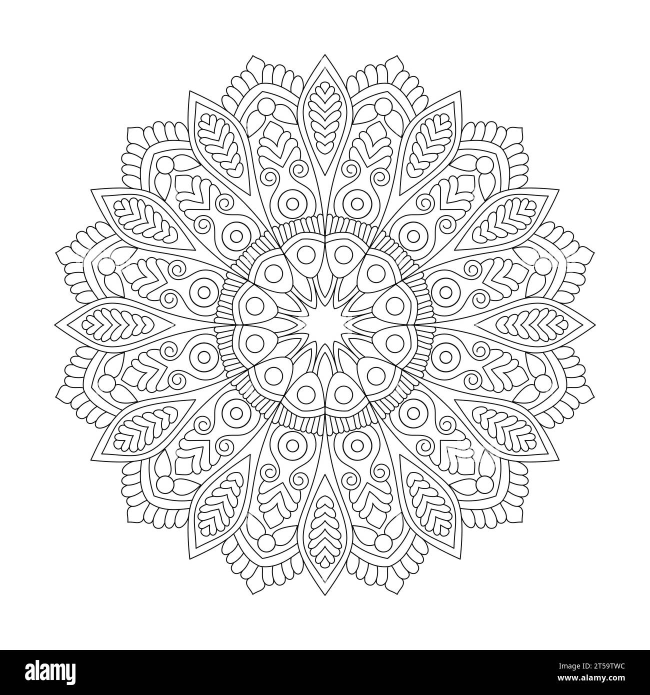 Page mandala du livre de coloriage pour adultes Tranquillity in Teal pour l'intérieur du livre KDP. Pétales pacifiques, capacité de se détendre, expériences cérébrales, Haven harmonieux, Illustration de Vecteur