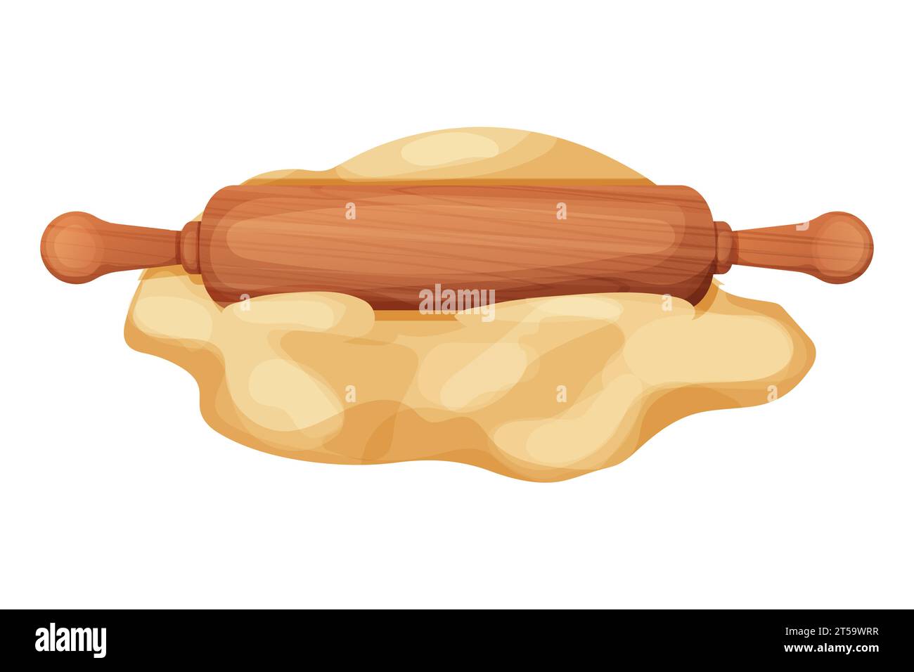 Rouleau à pâtisserie en bois avec de la pâte et de la farine manipulent l'équipement culinaire dans le style de bande dessinée isolé sur fond blanc. Rouleau texturé en bois, ustensile, recette de boulanger. Illustration vectorielle Illustration de Vecteur