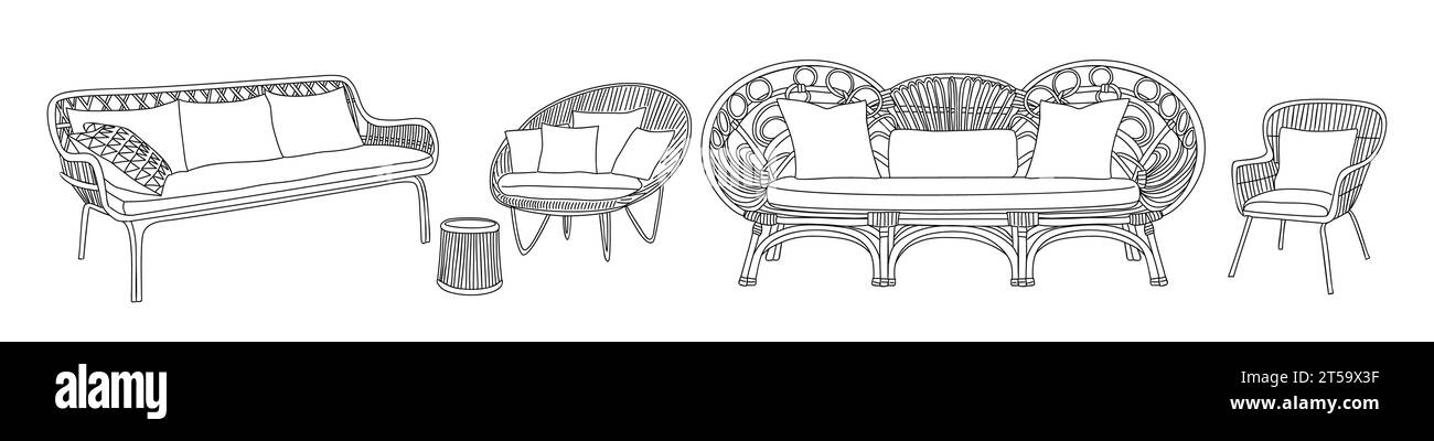 Ensemble élégant et moderne mobilier de patio en rotin. Illustration de Vecteur