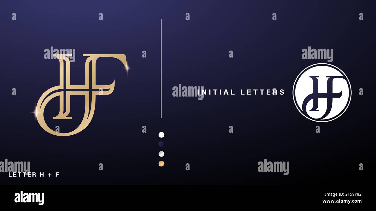 Lettre initiale HF logo design alphabet de couleur d'or avec style d'art de ligne pour icône de carte de visite, signes d'entreprise, matériaux publicitaires feuille d'or, Illustration de Vecteur