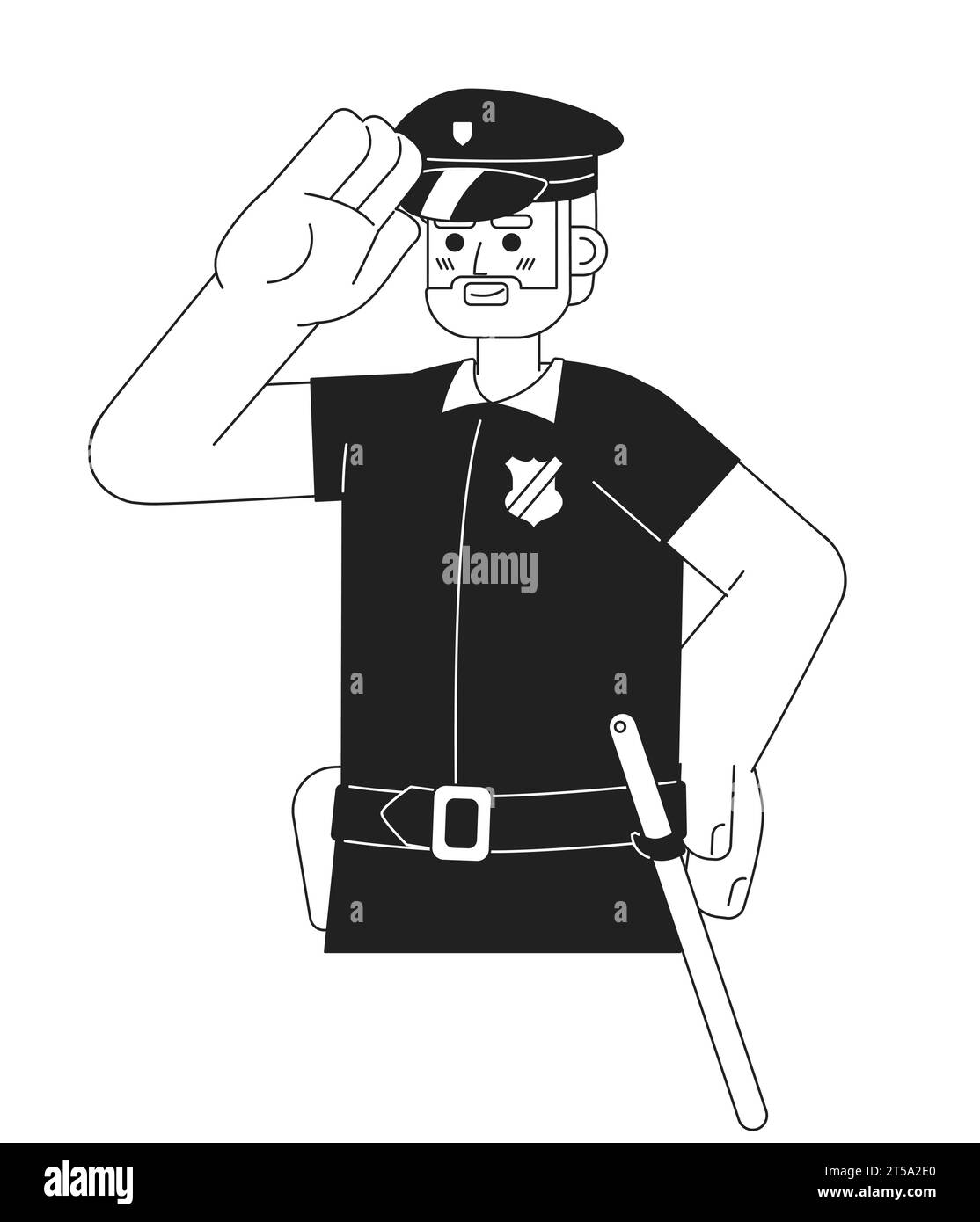 Personnage de dessin animé 2D noir et blanc homme policier barbu caucasien Illustration de Vecteur