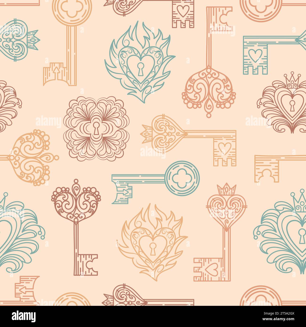 Motif vintage sans couture de trous de serrure et serrures dans le style gothique. Filigrane, coeur avec couronne, motif floral, feuilles et herbes. Objets magiques, fantaisie, bo Illustration de Vecteur