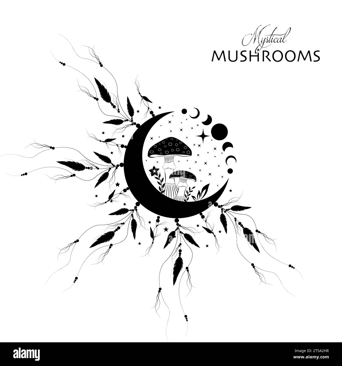 Champignons magiques chamaniques, mystique Amanita muscaria avec phases de lune et étoiles. Symbole du Dreamcatcher de sorcellerie, tatouage logo de champignon ésotérique sorcier Illustration de Vecteur