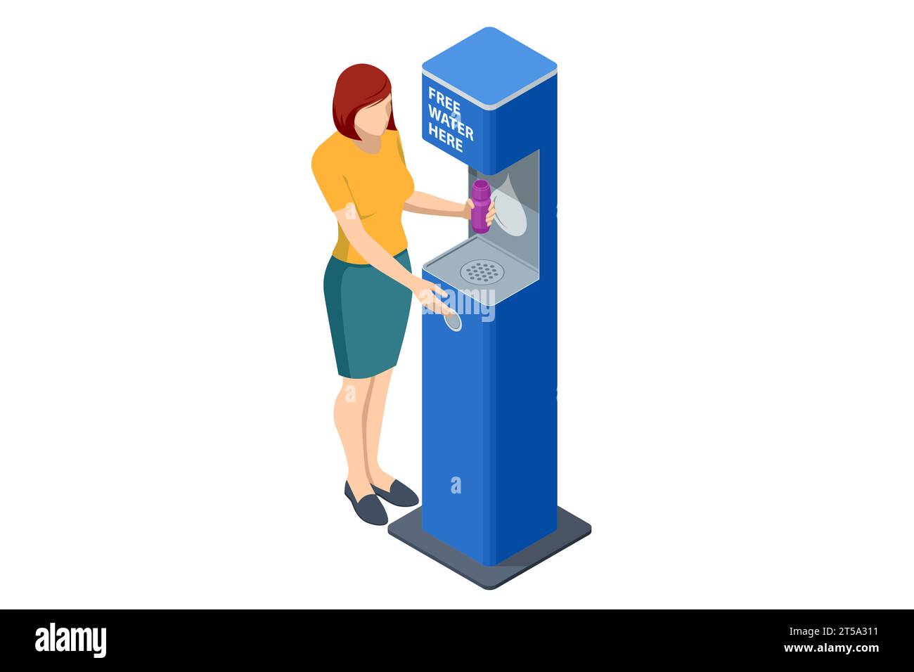 Station de remplissage d'eau potable isométrique, recharge et bouteille réutilisable. Respectueux de l'environnement. Station de remplissage de bouteilles d'eau publique gratuite. La filtration écologique Illustration de Vecteur