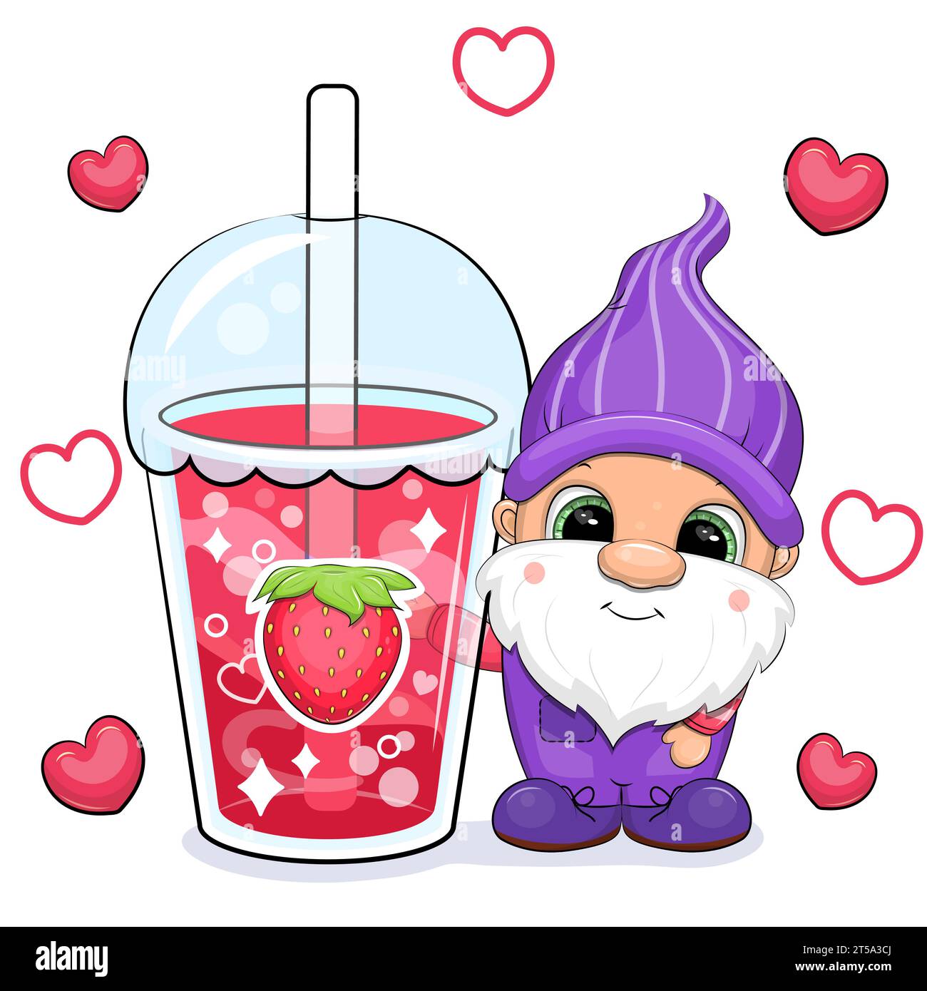 Mignon gnome de dessin animé avec une grande boisson à la fraise. Illustration vectorielle d'un homme nain et une tasse d'eau rouge sur un fond blanc avec des coeurs rouges. Illustration de Vecteur