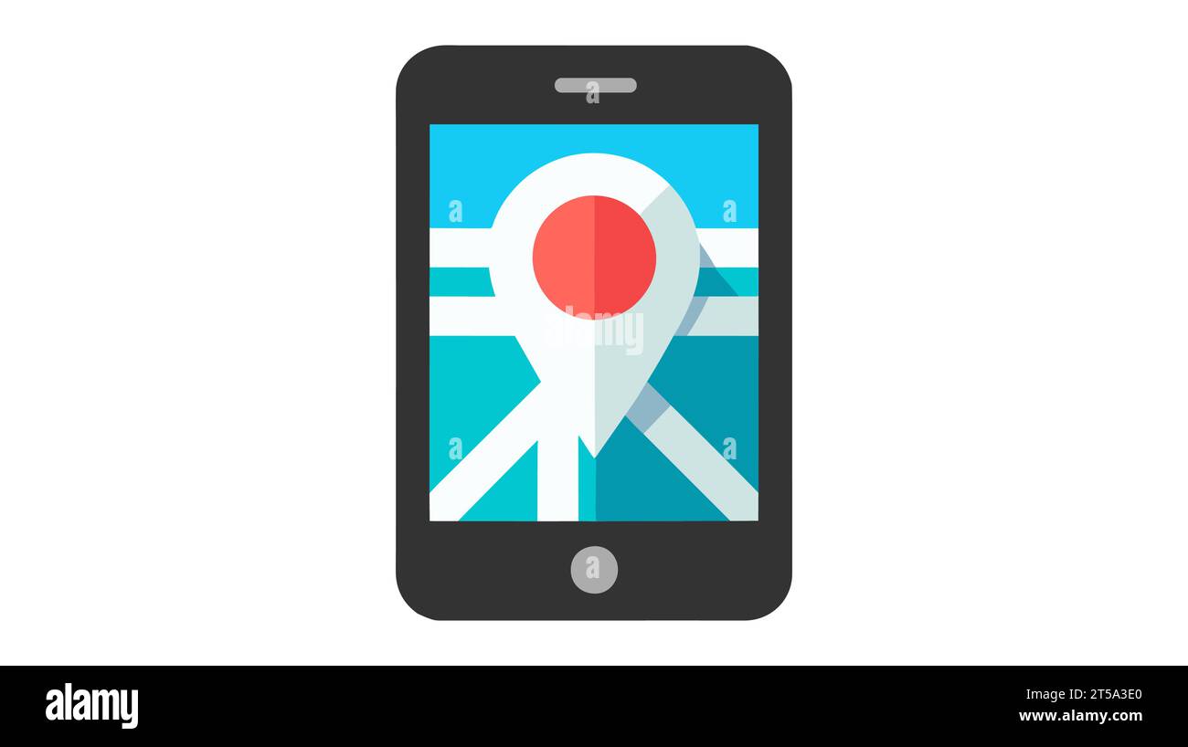 Un smartphone affichant une carte bleue avec des itinéraires blancs et une épingle de localisation blanche proéminente avec un centre rouge. Illustration de Vecteur