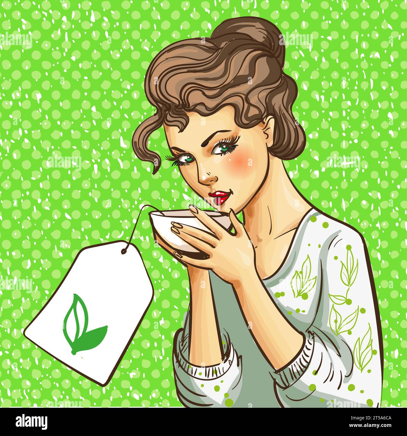 Illustration vectorielle pop art de femme avec tasse de thé Illustration de Vecteur