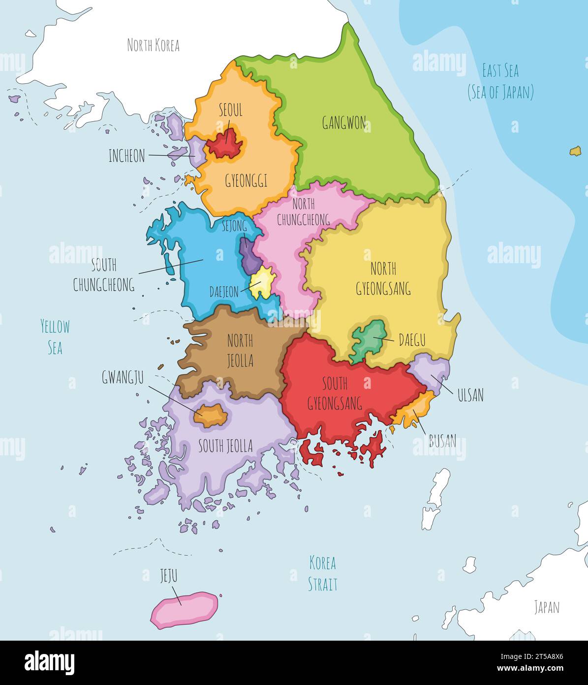 Carte vectorielle illustrée de la Corée du Sud avec les provinces, les villes métropolitaines et les divisions administratives, et les pays voisins. Modifiable et effacable Illustration de Vecteur