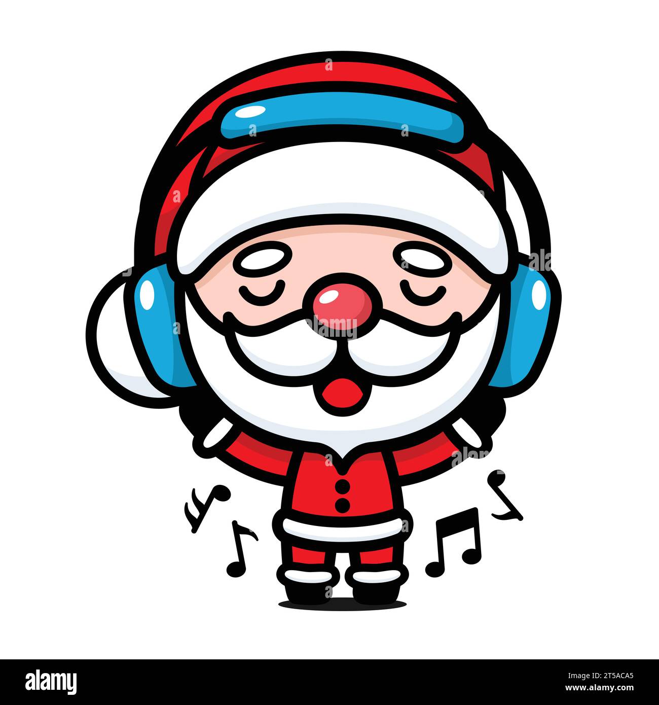 Mignon et Kawaii Noël Père Noël personnage de dessin animé écoutant de la musique avec casque Illustration de Vecteur