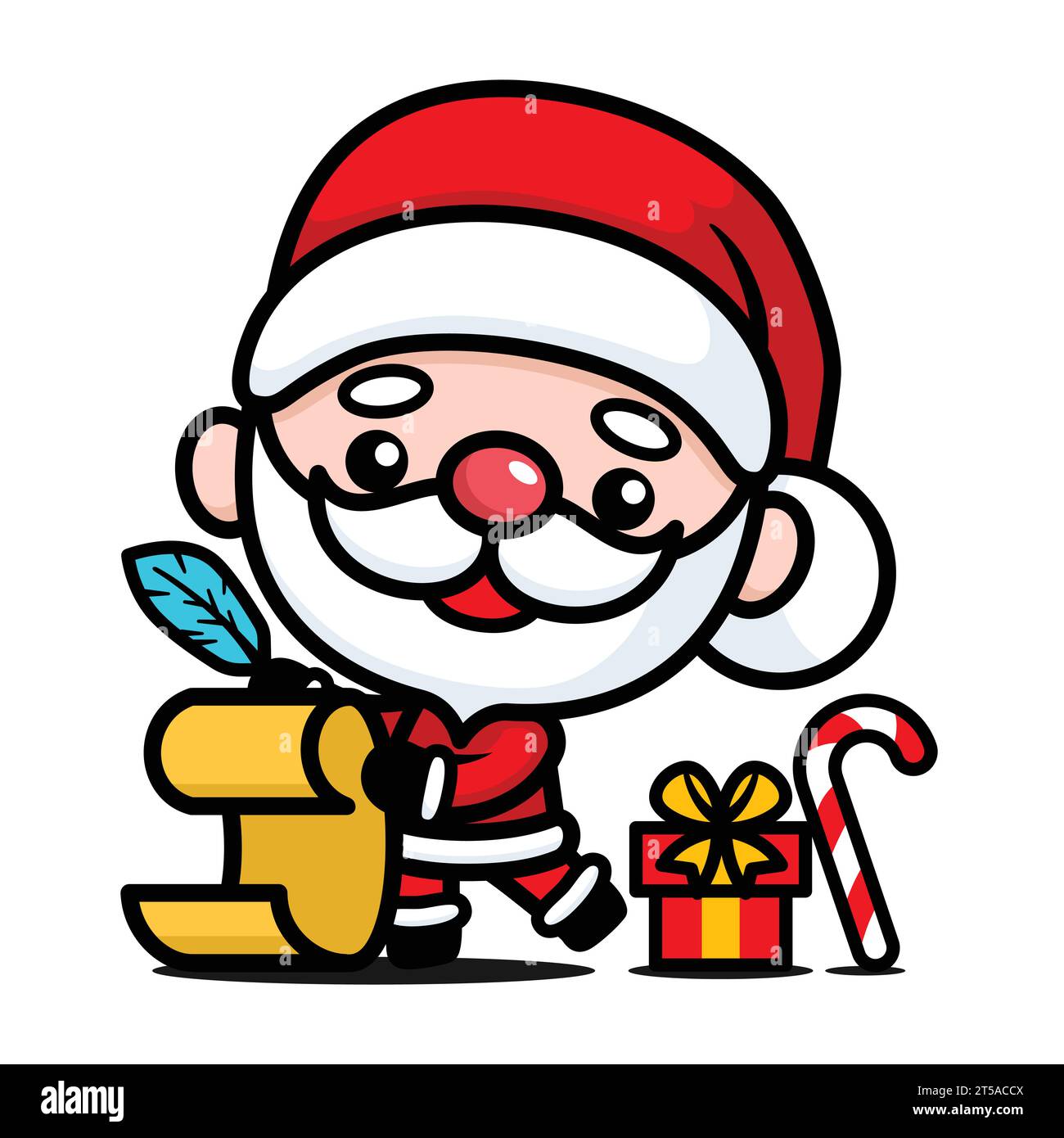 Mignon et Kawaii personnage de dessin animé de Père Noël de Noël avec sac et liste de cadeaux Illustration de Vecteur