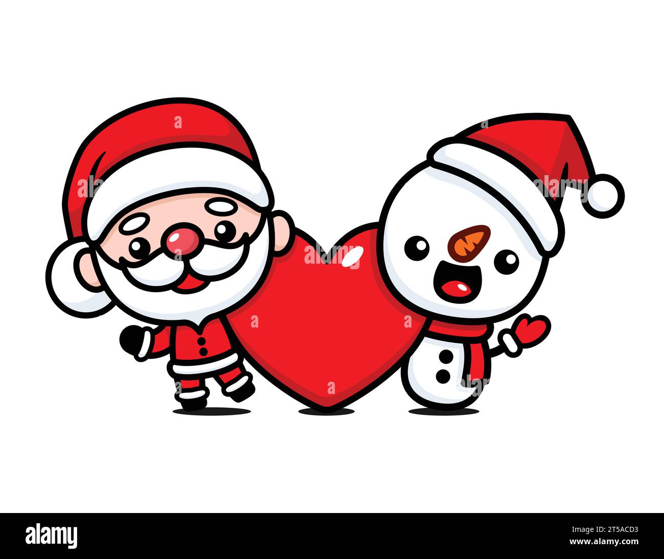 Mignon et Kawaii Noël Père Noël et personnage de dessin animé Snowman avec Big Heart Illustration de Vecteur