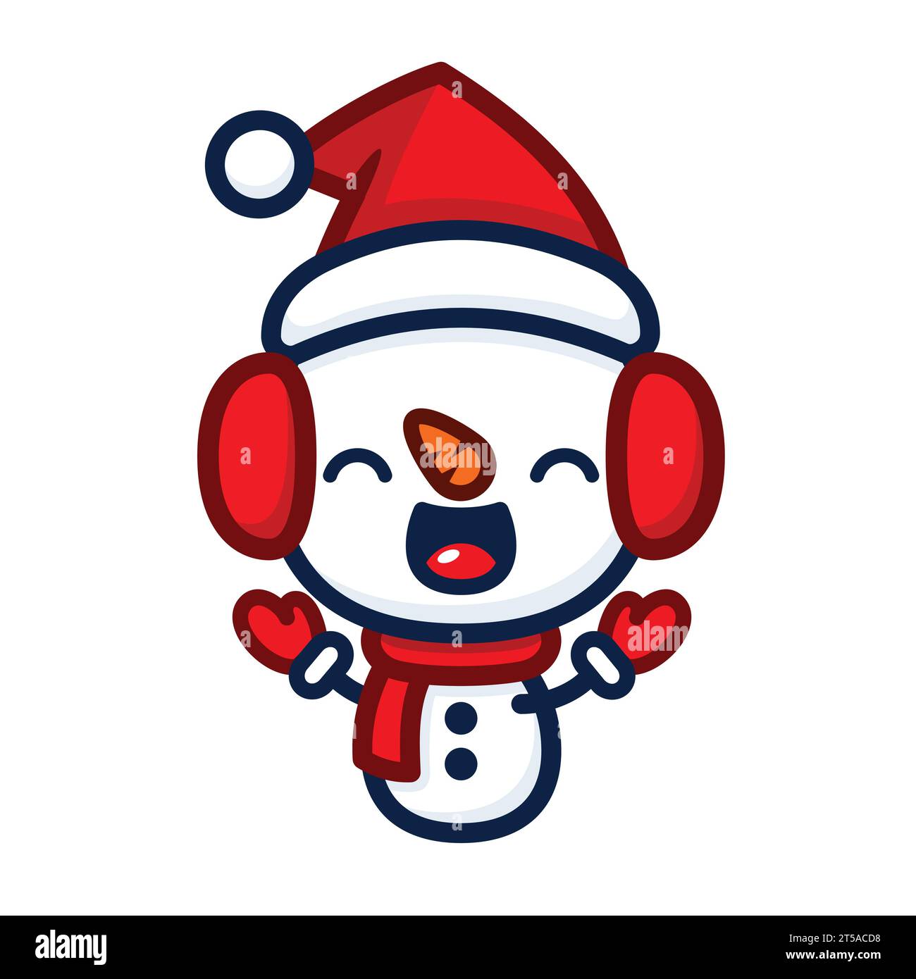 Mignon et Kawaii style Noël Snowman Cartoon personnage avec cache-oreilles Illustration de Vecteur