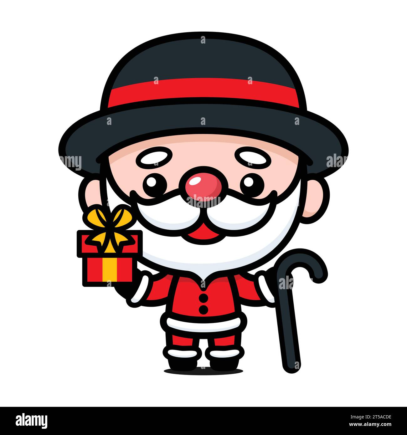 Mignon et kawaii personnage de dessin animé du Père Noël de Noël avec canne à chapeau et boîte à cadeaux Illustration de Vecteur
