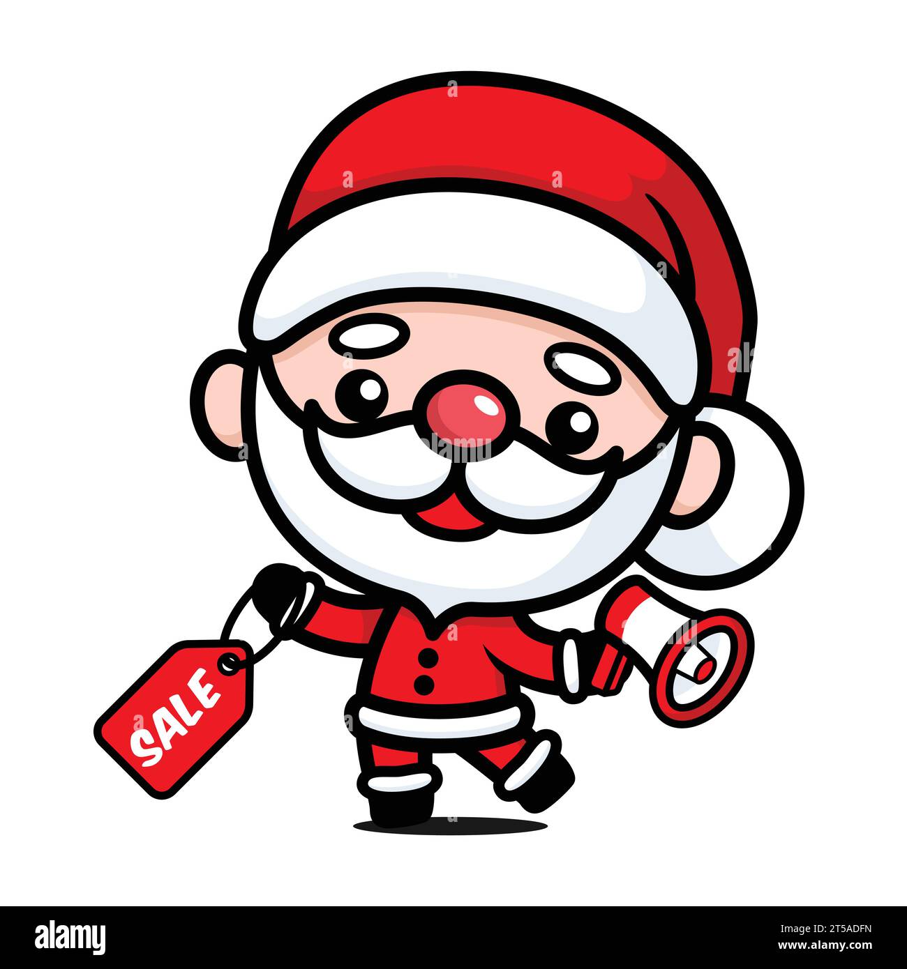 Mignon et Kawaii Noël Père Noël personnage de dessin animé wtih Megaphone et étiquette de vente Illustration de Vecteur