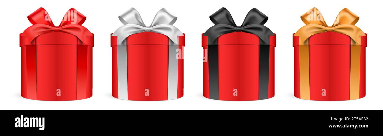 Boîtes-cadeaux rouges de forme ronde avec des rubans colorés, isolés sur fond. Coffret cadeau cylindrique réaliste, illustration vectorielle. Illustration de Vecteur