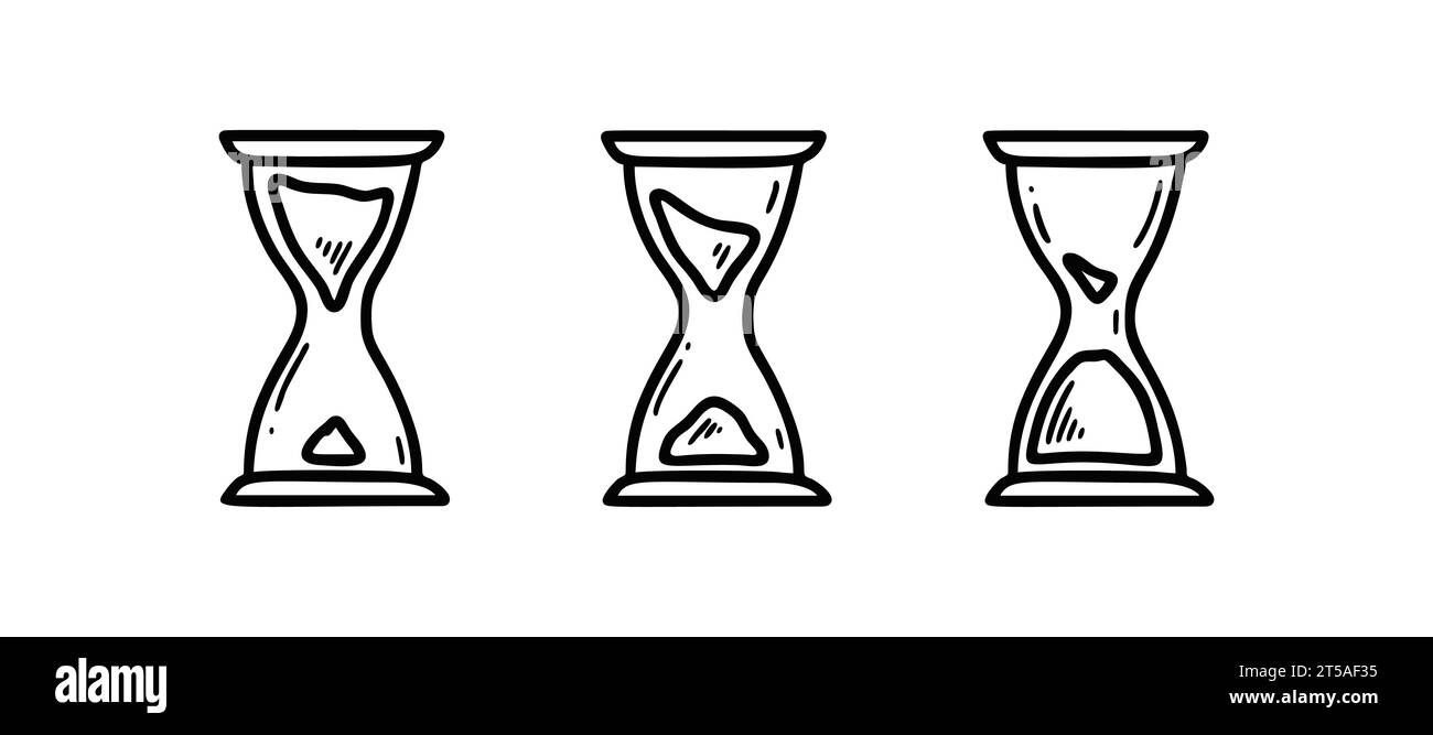 Jeu d'icônes de sablier Doodle. Dessinez le compte à rebours de l'horloge de sablier. Symbole de minuterie d'interface d'ordinateur dessiné à la main. Illustration de Vecteur