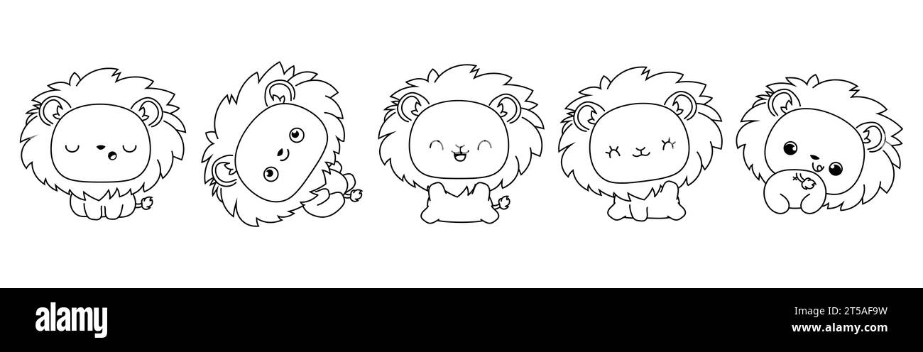 Collection de Vector Cartoon Lion Coloriage page. Ensemble de Kawaii Isolated Animal Outline pour autocollants, douche de bébé, livre de coloriage, impressions pour vêtements Illustration de Vecteur