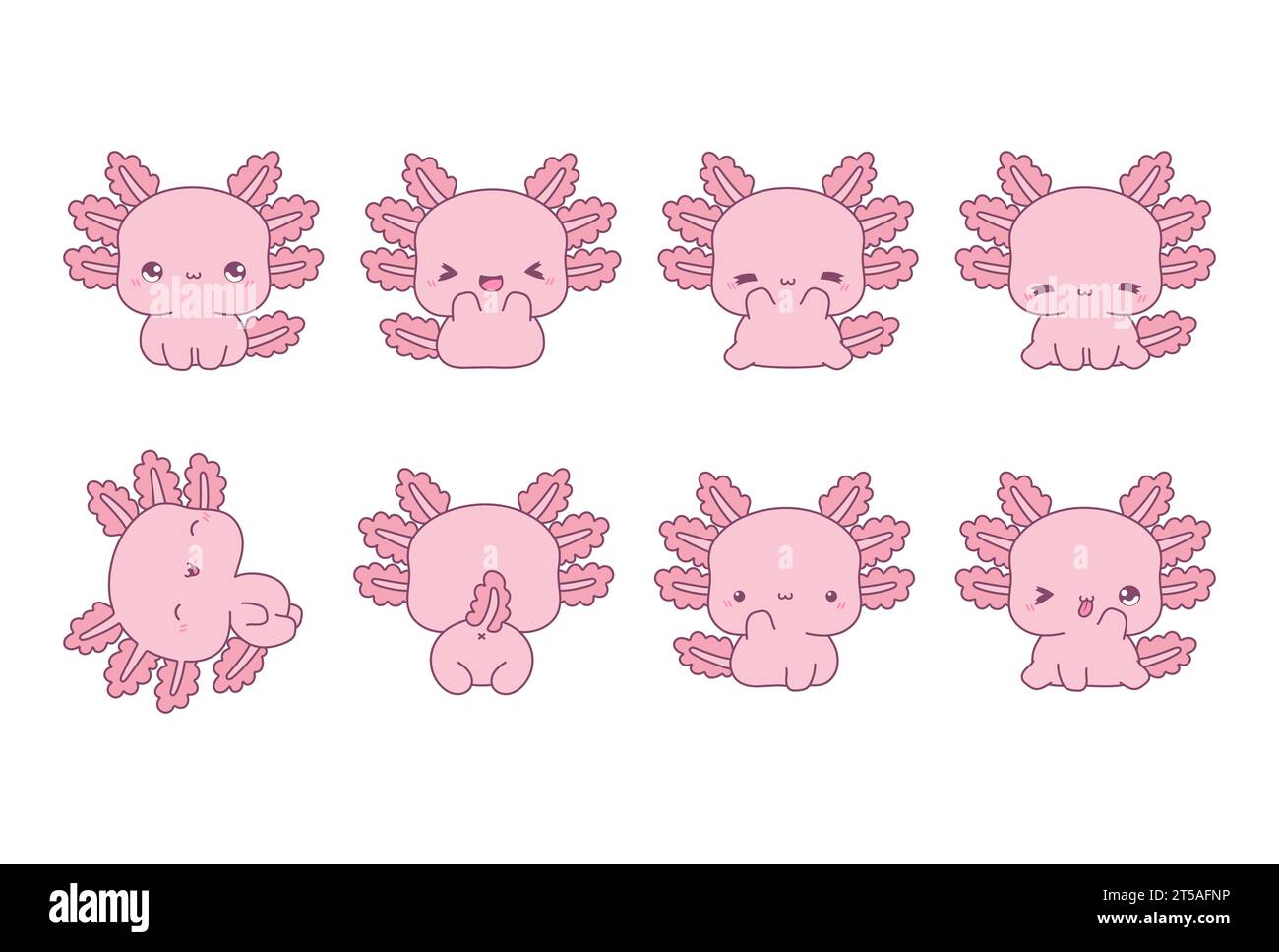 Ensemble de Kawaii Axolotl isolé. Collection d'illustrations vectorielles d'animaux de dessin animé pour autocollants, douche de bébé, pages à colorier, impressions pour vêtements Illustration de Vecteur