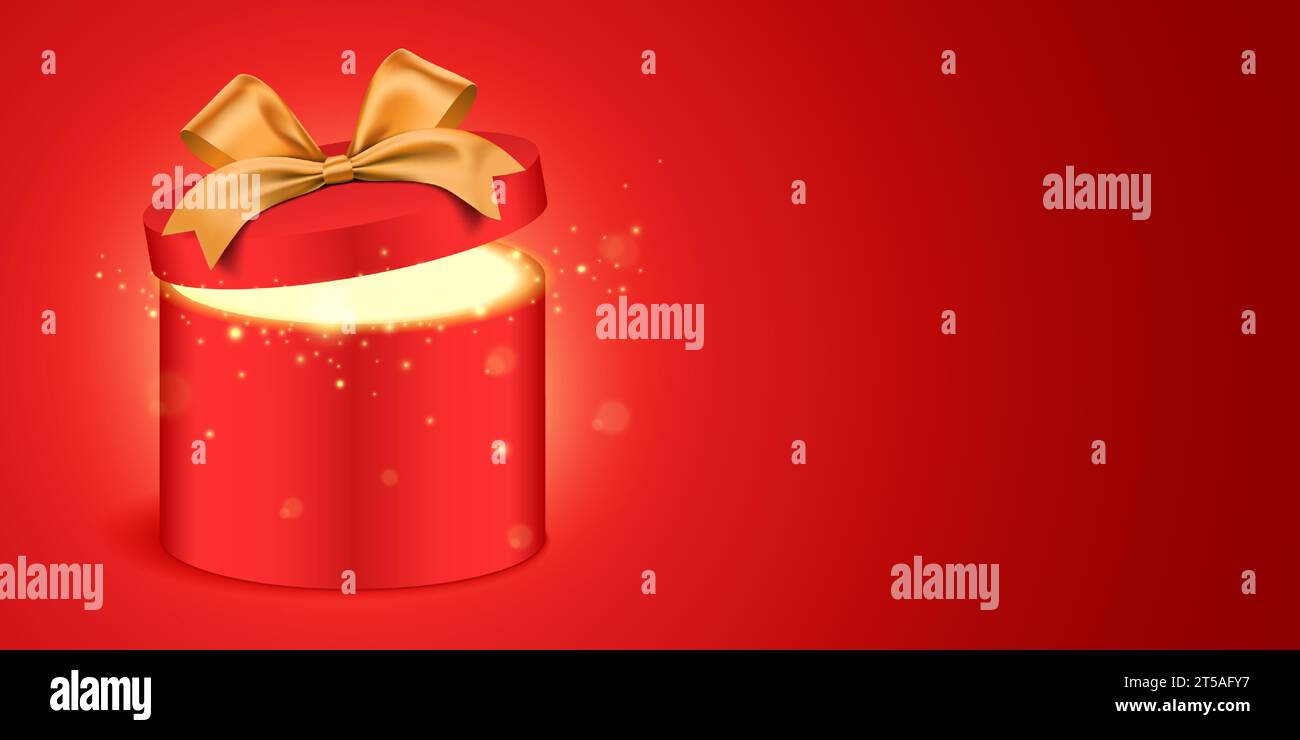 Boîte cadeau rouge ronde ouverte avec un ruban doré et une lumière scintillante magique, brillant de l'intérieur. Boîte cadeau brillante debout sur fond dégradé rouge, avec espace de copie. Conception de bannière vectorielle de cadeau de vacances. Illustration de Vecteur