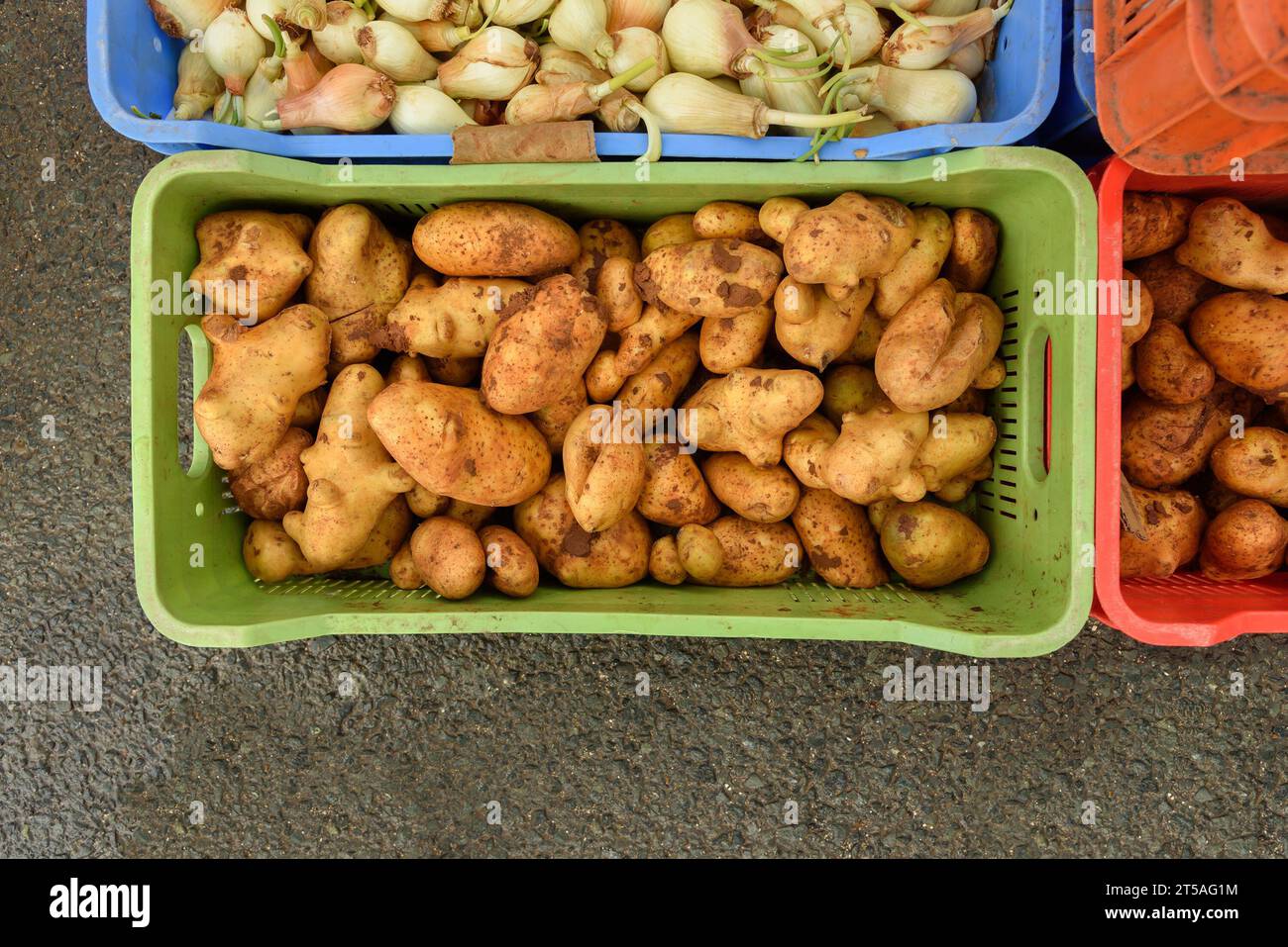 Pommes de terre et oignons dans une boîte au marché de rue. Banque D'Images Pommes de terre et oignons dans une boîte au marché de rue. Banque D'Images
