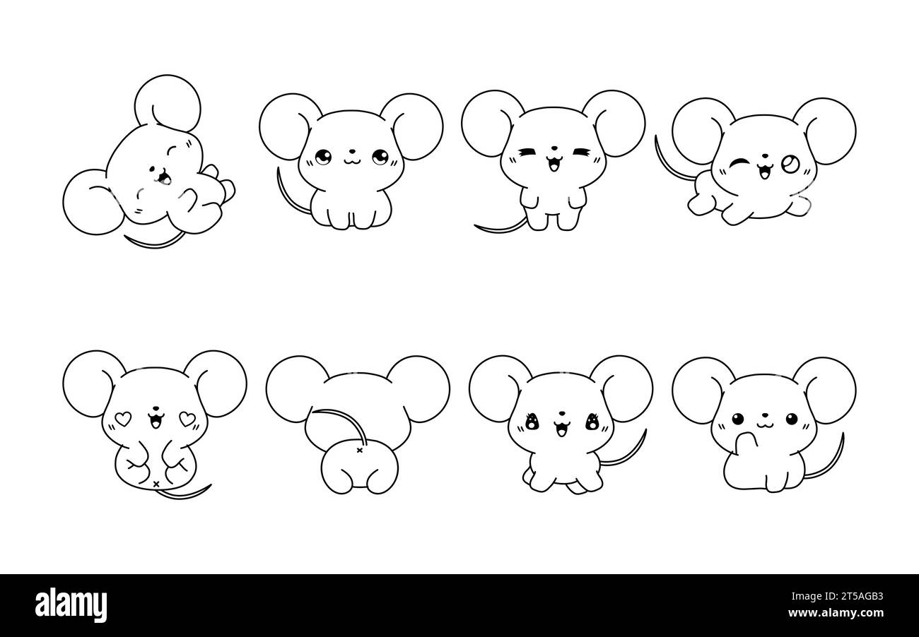 Ensemble de Kawaii Isolated Baby Rat page à colorier. Collection de souris de dessin animé vectoriel mignon pour autocollants, douche de bébé, livre de coloriage, impressions pour Illustration de Vecteur