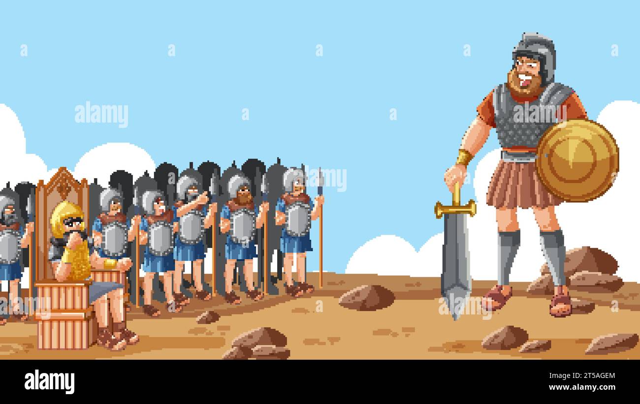 Illustration d'un roi assis sur un trône entouré d'une grande armée, représentant l'histoire religieuse biblique de David et Goliath Illustration de Vecteur