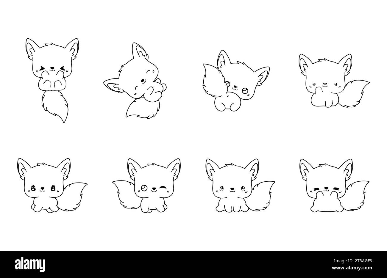 Ensemble de page de coloriage de renard isolé Kawaii. Collection de dessin animé vectoriel mignon Animal Outline pour autocollants, douche de bébé, livre de coloriage, impressions pour Illustration de Vecteur