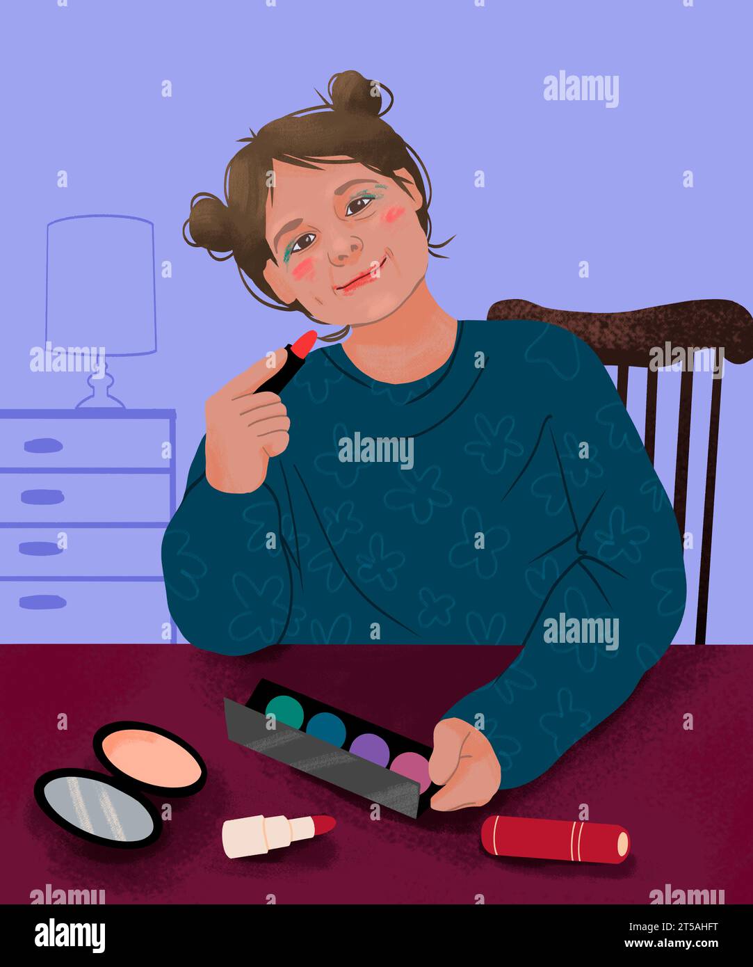 Fille jouant avec le maquillage, illustration Banque D'Images