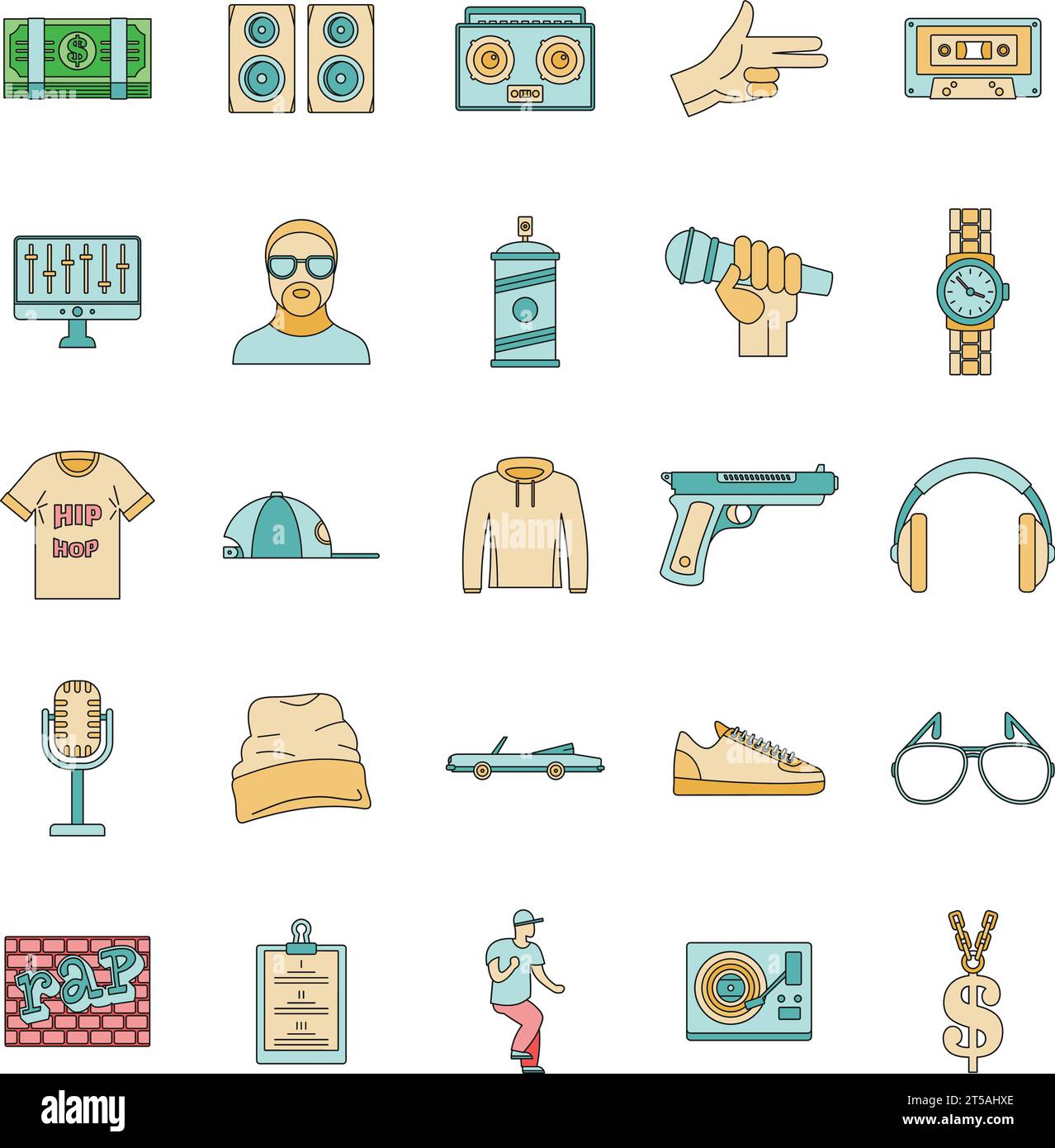 Hiphop rap swag musique jeu d'icônes de danse. Illustration de contour de 16 icônes vectorielles hiphop rap swag musique danse fine couleur de ligne plate sur blanc Illustration de Vecteur