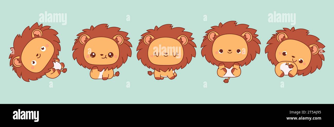 Collection de Vector Cartoon Lion Art. Ensemble d'illustrations d'animaux isolés Kawaii pour des impressions pour vêtements, autocollants, douche de bébé, pages à colorier Illustration de Vecteur