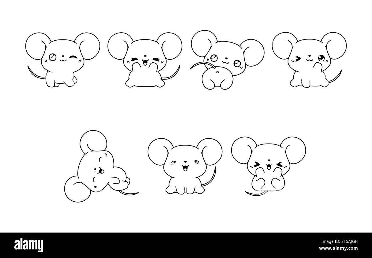 Collection de Vector Cartoon Baby Mouse Coloriage page. Ensemble de Kawaii Isolated Rat Outline pour autocollants, douche de bébé, livre de coloriage, impressions pour vêtements Illustration de Vecteur