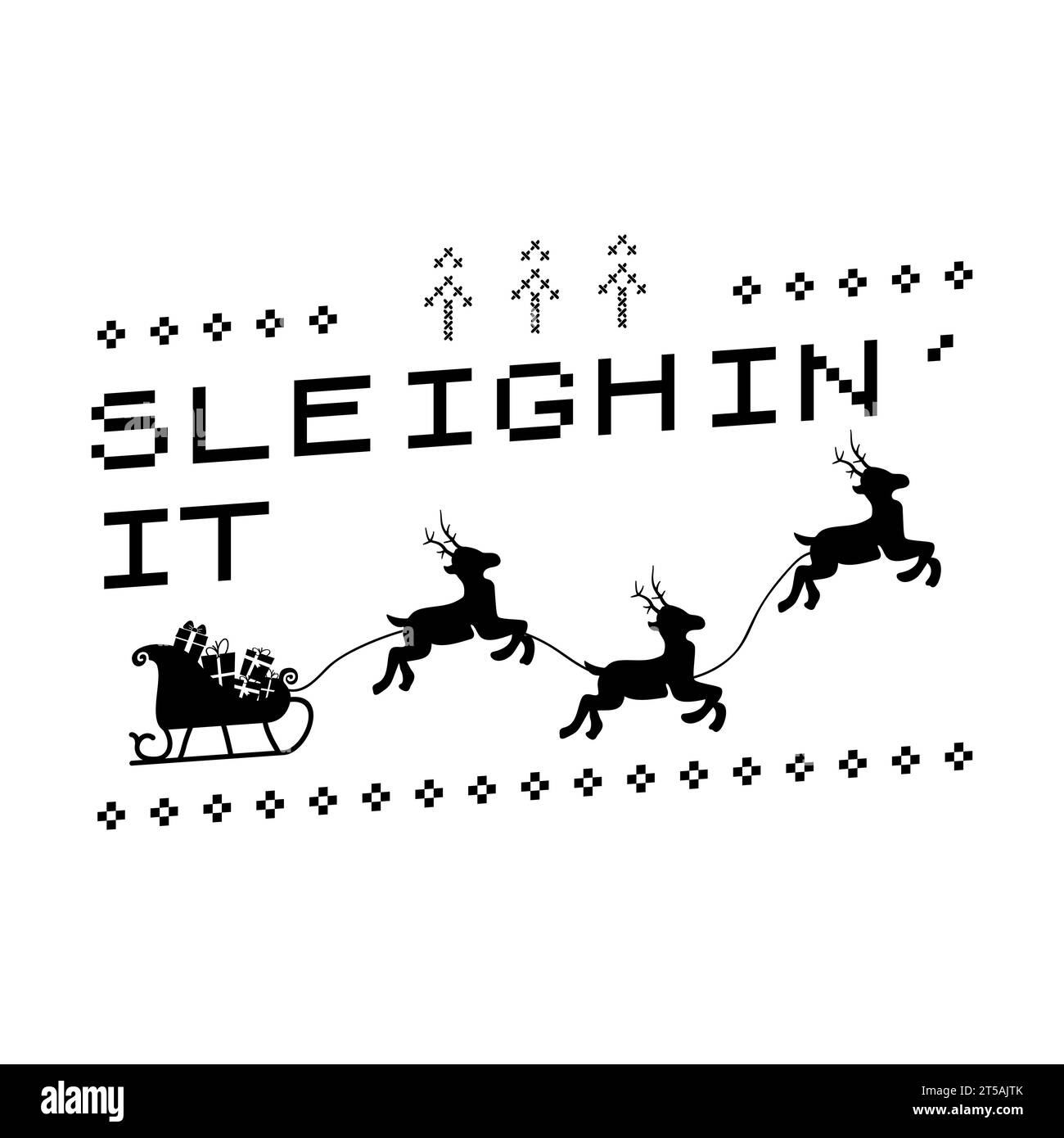 Imprimé t-shirt Silhouette de Noël Design avec sleighin IT. Badge Joyeux Noël isolé sur blanc. Joyeuses fêtes conception vectorielle stock. Illustration de Vecteur