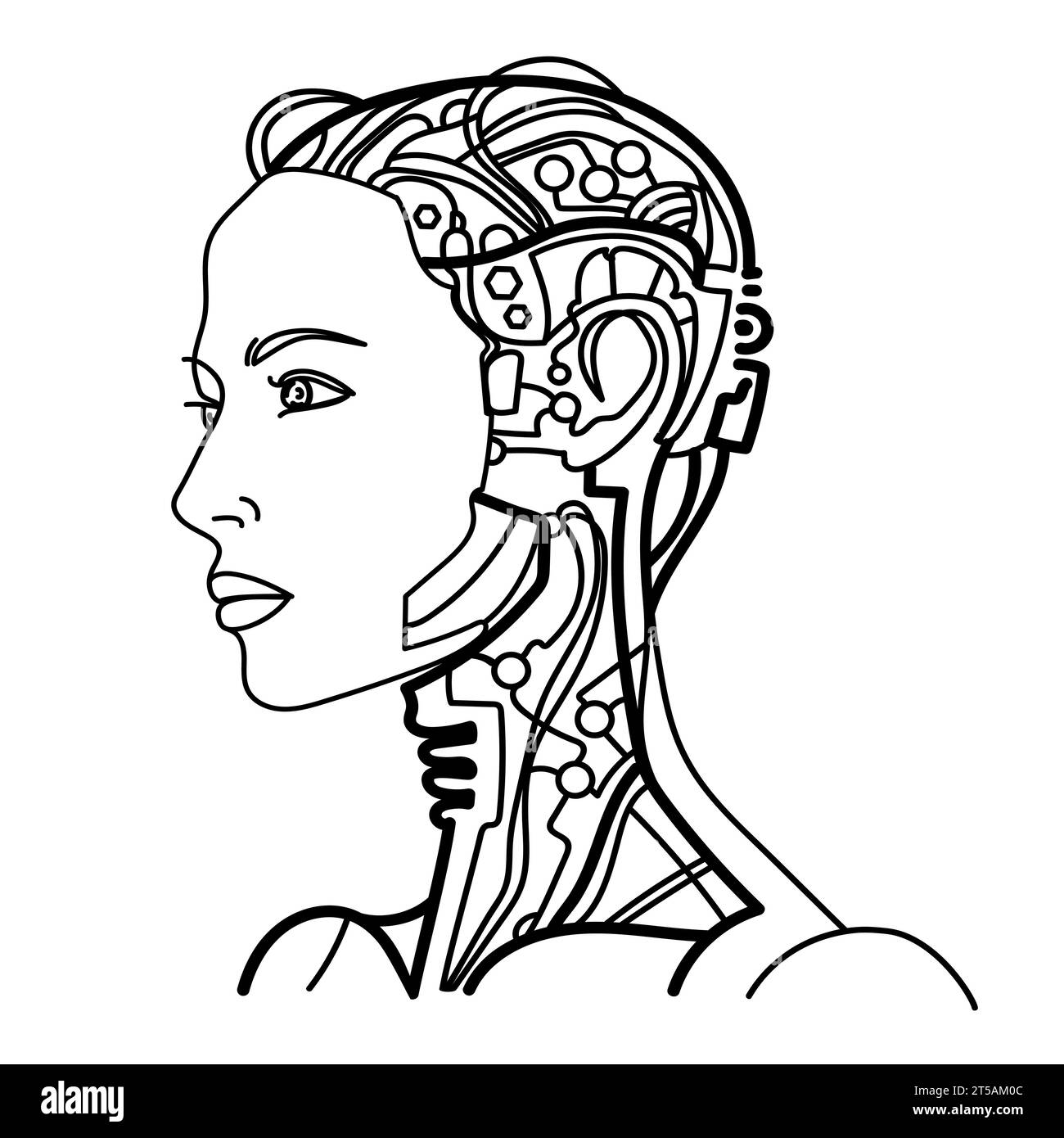 Intelligence artificielle femme ligne art portrait.robot femme ou android avec un beau visage et des fils et microcircuits dans sa tête.vecteur Illustration de Vecteur