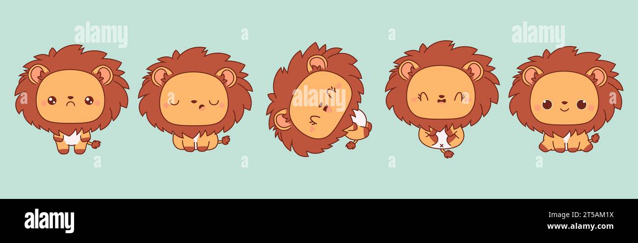 Ensemble de kawaii Lion isolé. Collection de Vector Cartoon King Animal illustrations pour autocollants, douche de bébé, pages à colorier, impressions pour vêtements Illustration de Vecteur