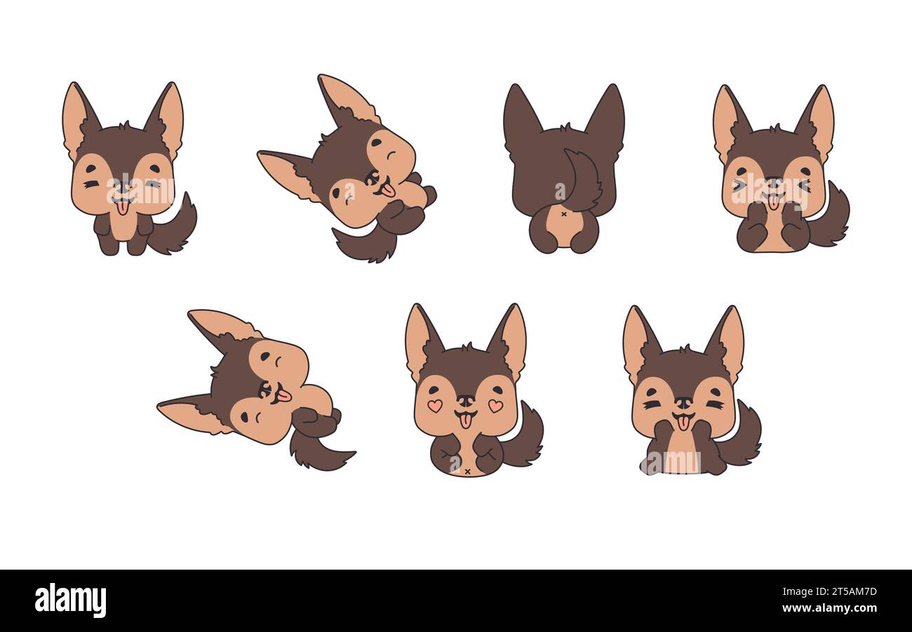 Collection de dessin animé vectoriel German Shepherd Dog Art. Ensemble d'illustrations d'animaux isolés Kawaii pour impressions pour vêtements, autocollants, douche de bébé Illustration de Vecteur
