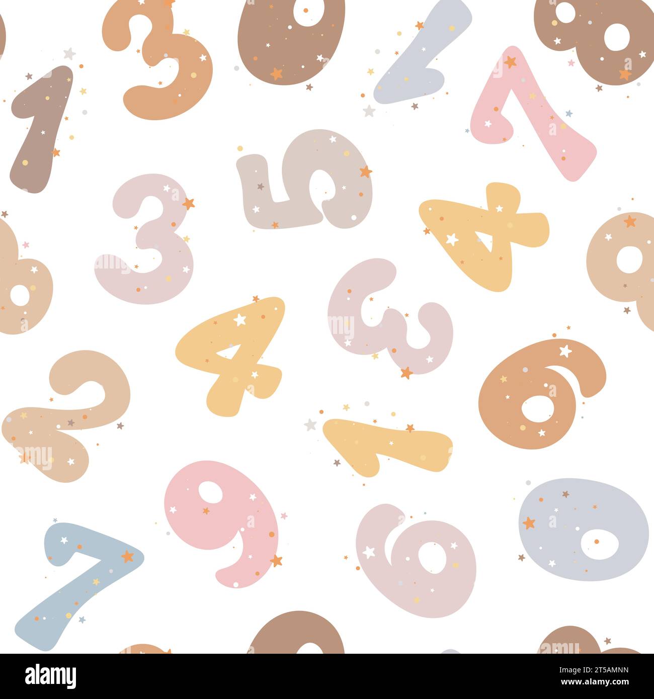 Modèle sans couture numéros mignons dans le style de bande dessinée pour les enfants. Stick figures avec des étoiles mignon fond. Impression pastel un, deux, trois, quatre, cinq, six, asseyez-vous, Illustration de Vecteur